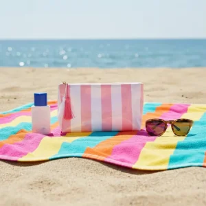 Summer Beach Days PVC Zipper Cute Makeup Bag with Stripes Design Waterproof Portable Small Size for Travel Outdoor Use