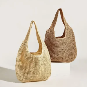 Summer Beach Ladies Two Open Portable Fashion Niche Handmade Straw Tote Bag for Women Large Handbag