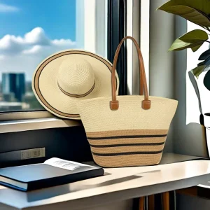 Summer Beach Large Capacity Trendy Lady Handwoven Straw Tote Bag with Hat Set