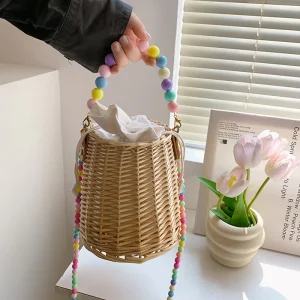 Summer Beach Rattan Straw Basket Hand Bag Woven Crossbody Colorful Beaded Pearl Chain Bag