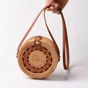 Summer Beach Round Rattan Woven Straw Bag Natural Shoulder Handbag for Ladies Woman