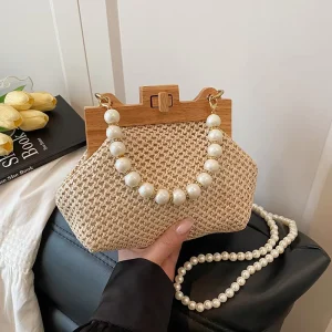 Summer Beach Seaside Vacation Pearl Chain Straw Knit Single Handle Polyester Lining Fresh Shoulder Hand Bag for Women