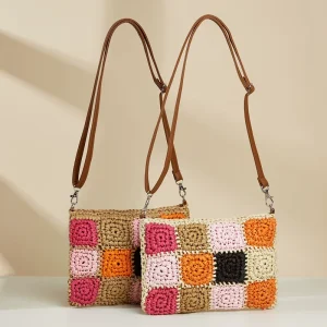 Summer Beach Small Woven Straw Purse Vacation Handbags Straw Shoulder Bag Cross body Drawstring Straw Bags