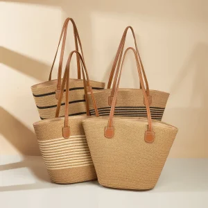 Summer Beach Solid Large Customised Embroidery Straw+PU Tote Bag Women Zipper Closure Eco Friendly Handle Shoulder Handbag