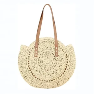 Summer Beach Straw Tote Bags Large Handmade Weave Women Two Handles String Closure Dress Style Portable Shoulder Handbags