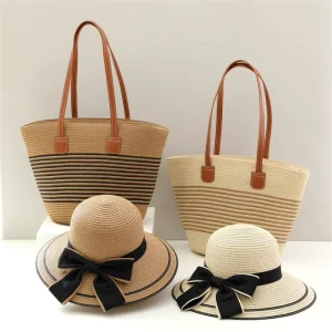 Summer Beach Travel Daily Bag Hat Set Handmade Large Capacity Paper Woven Striped Unisex Tote Straw Hat