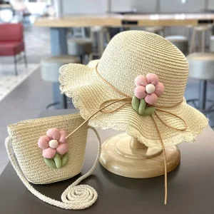 Summer Beach Travel Sunscreen Hat and Bag Wide Brim Flower Princess Straw Hats and Bags Sets for Girls Kids Children