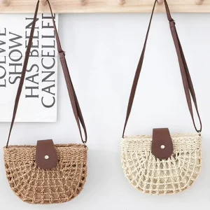 Summer Beach Vacation Half Round Small Straw Shoulder Bag Crossbody Beach Hollow Out Woven Handbag for Women