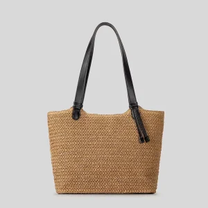 Summer Beach Vacation Large Capacity Handmade Boho Woven Leather Handle Women Shoulder Straw Tote Bag