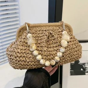 Summer Beach Woven Cloud Dumpling Straw Handbag Crochet Raffia Eco friendly Clutch Bag Lady Fashion Pearl Chains