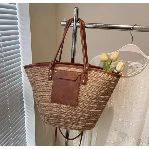 Summer Beach Woven Large Capacity Tote Bag Striped Straw Shoulder Crossbody Bag