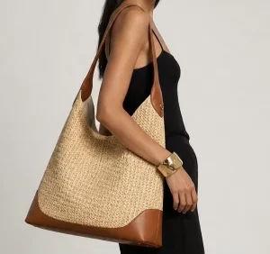 Summer Boho Women’s Large Open Top Straw Beach Tote Bag Fashionable Retro Large Capacity Woven Shoulder Bucket Bag
