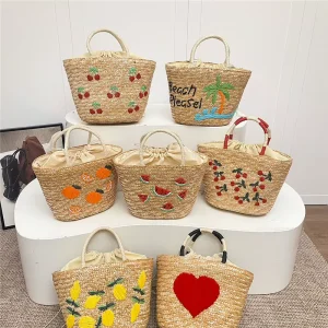 Summer Embroidered Fruit Handbag Polyester Lining Fruit Straw Bags Woven Beach Tote Bag