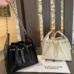 Summer Fashion Commuter Quilted Hobo Shoulder Crossbody Bag Custom Logo Chain Metal Lady Full-Grain Cowhide Leather Bucket