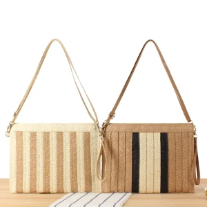 Summer Fashion Vertical Stripe Paper Straw Clutch Wristlet Bohemian Summer Beach Women Square Envelope Crossbody Bag