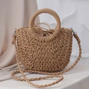 Summer Fashion Vintage Women’s Handbag Large Capacity Woven Tote Basket Single Handle Open Closure Polyester Straw Beach Bag