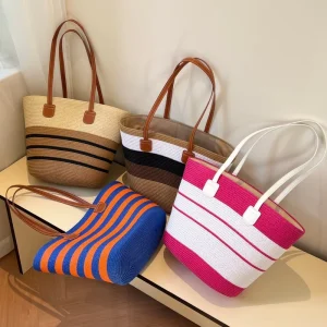 Summer Fashion Wood Straw Bag Striped Zipper Closure for Travel Beach Lady’s Handbag Women