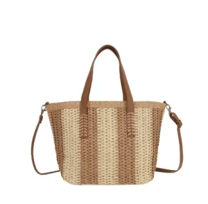 Summer Fashion Woven Striped Embroidery Zipper Closure Large Capacity Shoulder Bag Outdoor Travel Tote Bag