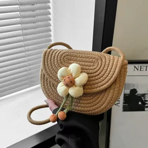 Summer Flower Straw Shoulder Shell Bag for Women Beach Vacation Crossbody Bag Purse Phone Handbag