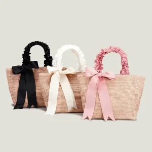 Summer Handmade Straw Bags with Ribbons Bowknot Beach Bag for Women Straw Tote Bag