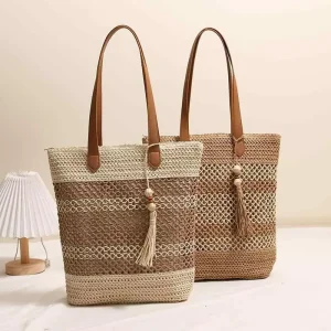 Summer Handmade Woven Straw Beach Tote Bag with ZIP Closure PU Leather Handles Candy Pattern Boho Chic Paper Straw Handbag