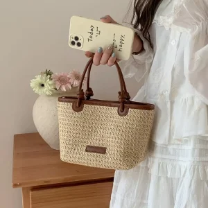 Summer Holiday Beach Style Straw Bag Square Shape Magnetic Clasp Handbags Women New Style Knotted Vegetable