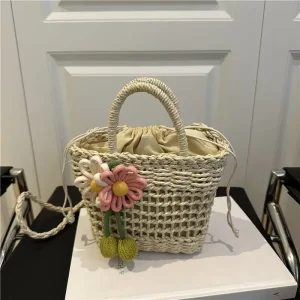 Summer Holiday Women Straw Beach Shoulder Bag Cute Flower Ladies Crossbody Bucket Bag Casual Commuter Handbag Purse