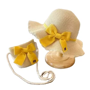 Summer Kids Raffia Straw Bucket Hat and Bag Set Striped Travel Beach Party Children Large Brim Sun