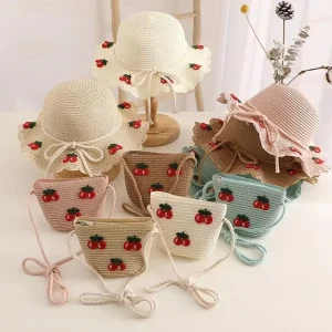 Summer Kids Raffia Straw Bucket Hat and Bag Set Striped Travel Outdoor Casual Image Style Large Brim Sun