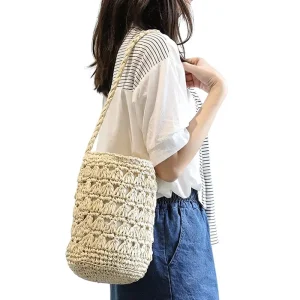 Summer Korean Style Straw Bucket Tote Bag Single Drawstring Woven Shoulder Beach Daily Use Vacation Women’s Fashion