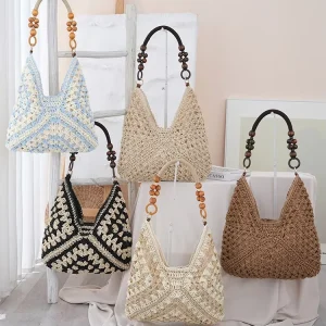 Summer Large Capacity Casual Vacation Beach Straw Bag Hollow Woven Straw Beach Handbag Portable Beach Shoulder Bag