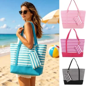 Summer Large Capacity Color Block Striped Canvas Women’s Tote Bag Beach Travel Shoulder Bags Fashion Handbag with Coin Purse