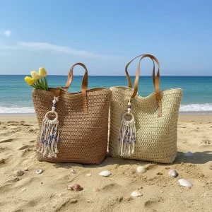 Summer Large Capacity Woven Straw Tote Bag Women Handmade Beach Shoulder Handbag Leather Strap Pompom Charm Zipper