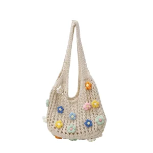 Summer New Ins Handbag Straw Knitted Relaxed Floral Woven Lightweight Two Straps Simple Sanya Beach Bag Shoulder Bag