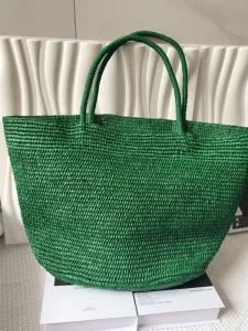Summer New Women Hand Woven Crochet Raffia Straw Square Tote Bag Green Black Colorful Double Straps Simple Shoulder Bag