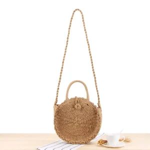 Summer Paper Tote Bag Bow Detail Natural Hand Woven Straw Beach Vacation Handbag Zip Closure Portable Lady’s for Autumn Spring