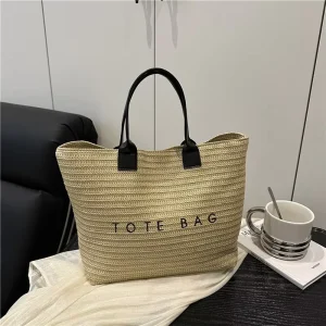 Summer Seaside Straw Tote Bag for Women with Large Capacity and Open Closure