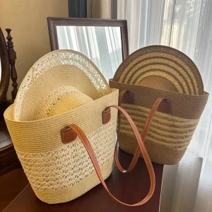 Summer Seaside Vacation Straw Tote Bag New Model Woven Large Capacity Shoulder Bag Dual Handles Zipper Versatile Fashion
