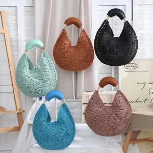 Summer Seaside Vacation Style Retro Handmade Solid Color Classic Hollow Beach Straw Woven Bags for Women Luxury Handbag