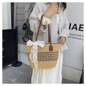 Summer Seasonal Women’s Tote Bag with Woven Straw Large Capacity Open Mouth Synthetic Leather Lining