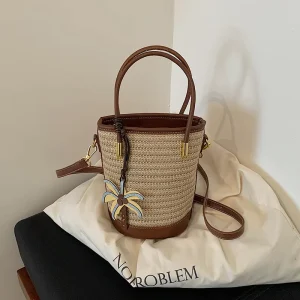 Summer Straw Bag for Women Trendy Retro Bucket Bags Woman Shoulder Crossbody Handbags Custom Logo Ladies Straw Bag