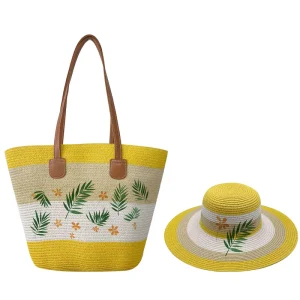 Summer Straw Hat Bag Two piece Set Colorful Striped Outdoor Large capacity Woven Tote Bag Zipper Polyester Print