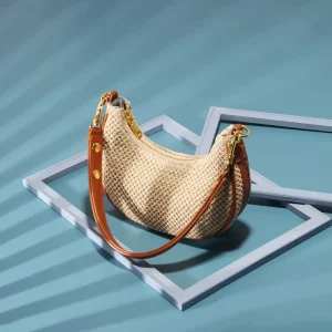 Summer Straw Moon Crossbody Bag Korean Style Women’s Single Strap Underarm Design Polyester Contrasting Color Drop