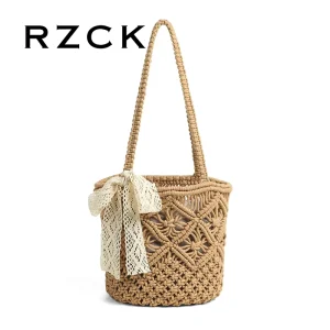 Summer Straw Shoulder Bag Women Large Capacity Rattan Bucket Bag Handmade Woven Beach Bag Fashion Vacation Handbag Tote