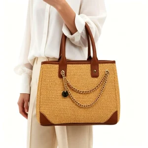 Summer Straw Tote Bags With Metal Chain Accent Custom Logo