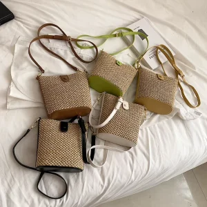 Summer Straw Woven Bucket Bag Women Crossbody Shoulder Bag Contrast Color Mini Beach Straw Bag Purse
