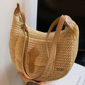 Summer Straw Woven Crossbody Bag for Women Beach Travel Hobo Purse Rattan Shoulder Bag with Front Pocket and Adjustable Strap