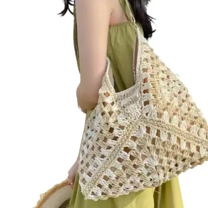 Summer Style Woven Straw ZIP Single Strap Casual Travel Hollow Shoulder Commute Tote Bag All Match Womens Bag