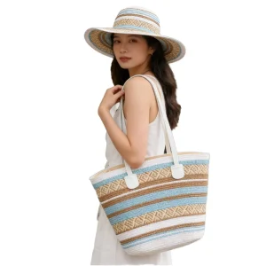 Summer Trend Bohemian Ethnic Striped Adjustable Silk Screen Printed Straw Sun Hat Bag Sets Women Lightweight Vacation Beach