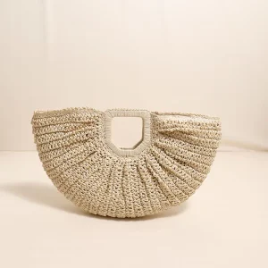 Summer Trendy Open-Closure Handheld Beach Bag Made of Straw with Stone Pattern